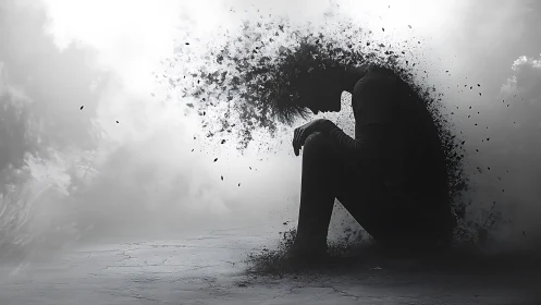 Silhouetted figure dissolves into dust amid gray void.