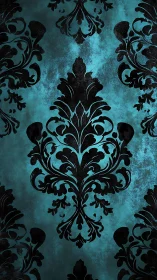 Teal damask wallpaper with distressed baroque ornament