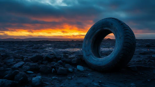 Solitary tire in vivid coastal sunset landscape scene.
