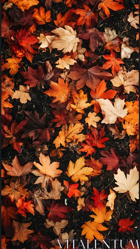 Multichromatic maple leaf stratification on forest substrate.