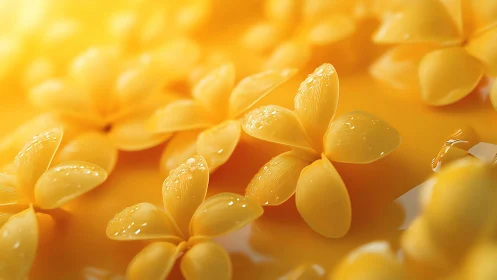 Golden petals macro render with translucent water droplets.