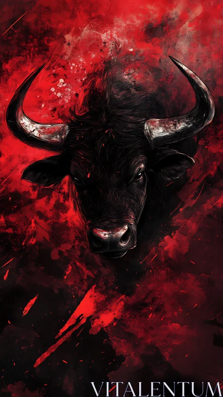 Bull head emerges through abstract red ink splatter field.