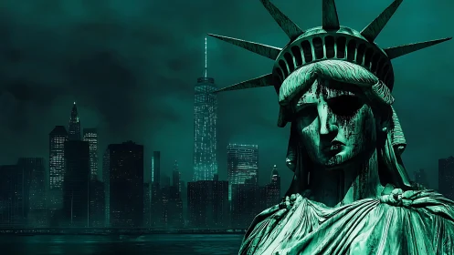 Liberty weeps neon tears over a drowned emerald cityscape.