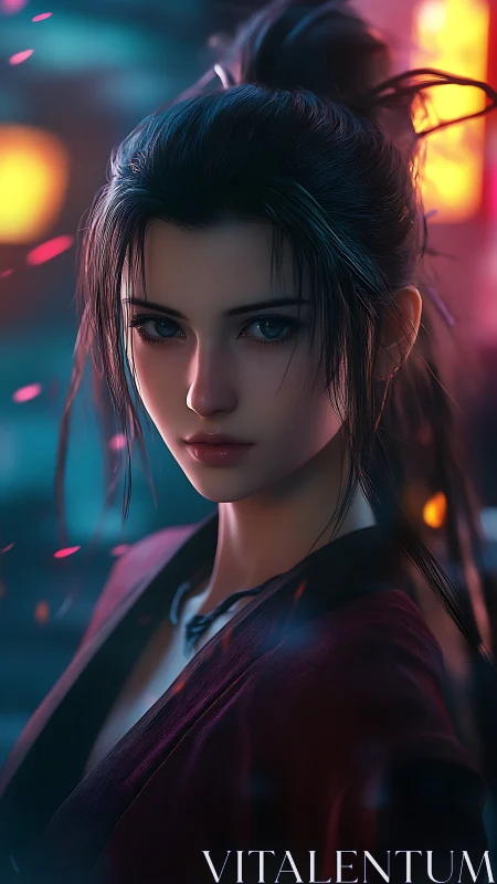 Neon blossom warrior watching the night market burn softly.