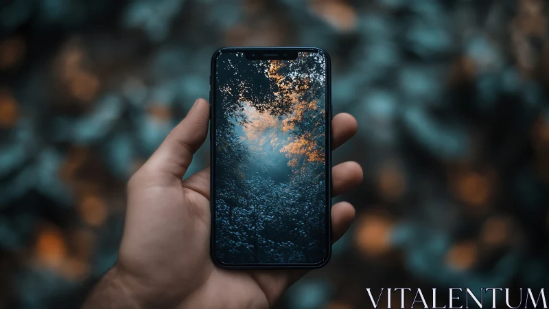 Smartphone screen framing teal forest bokeh background.