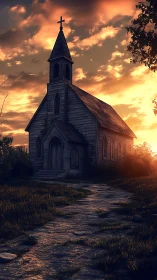 Old wooden church stands under dramatic sunset sky