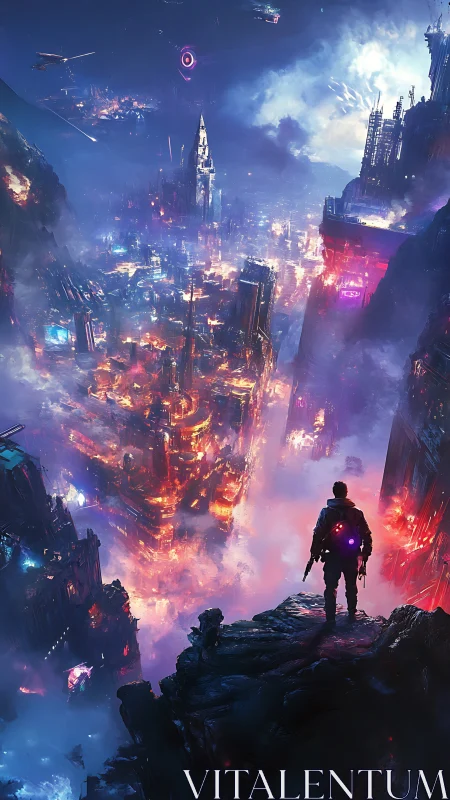 Lone cybernetic scout overlooking neon-ignited megacity abyss