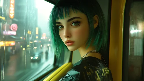 Green haired woman on night city train, reflective mood.