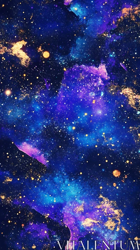 Stardust clouds drift through a deep blue and purple galaxy