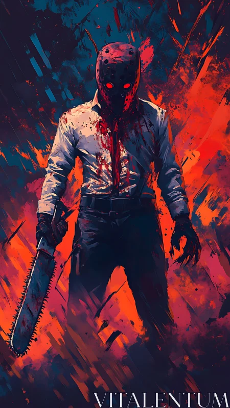 Chainsaw duskwalker strides through splintered neon inferno