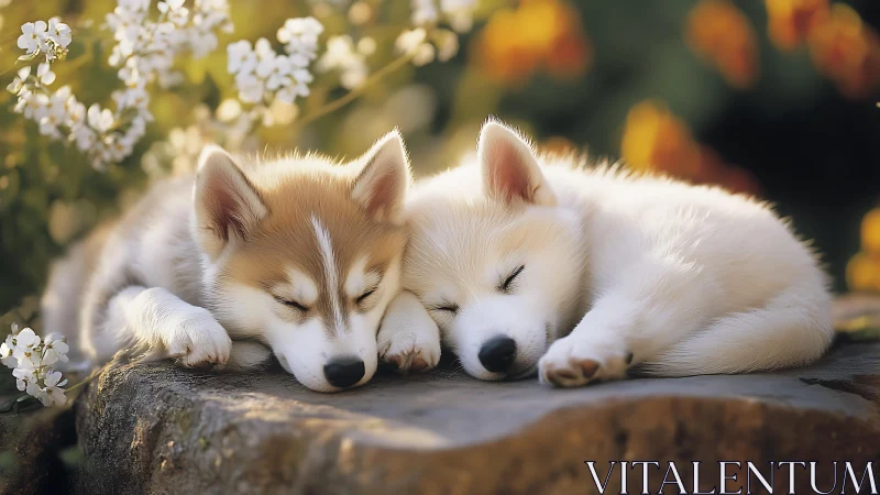 Two husky puppies sleeping on stone ledge in garden setting.