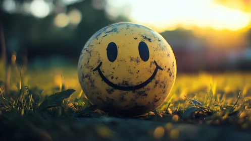 Sunset-soaked smiley ball glows with imperfect happiness.