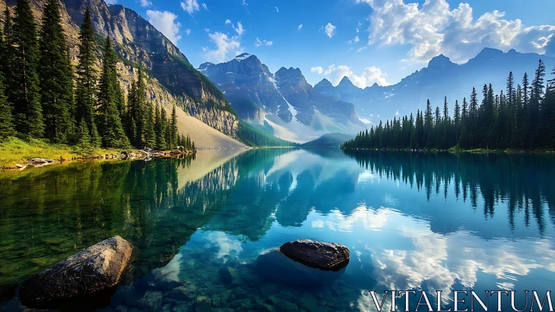 Mountain lake reflects alpine peaks under clear blue sky