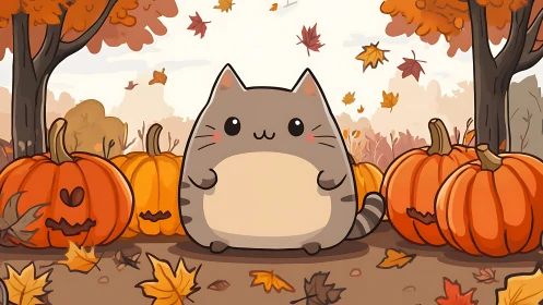 Chubby Cat in Autumn Pumpkin Patch Setting.