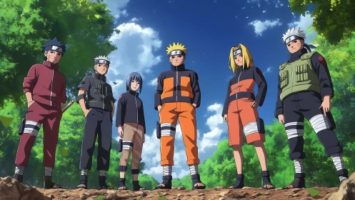 Six anime ninja stand outdoors in coordinated team formation