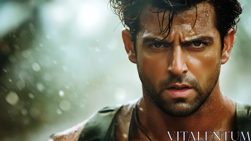 Intense closeup of rugged man under falling water outdoors.