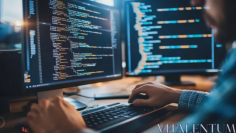 Software developer debugging code on dual high-resolution monitors