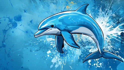 Stylized blue dolphin illustration on abstract splatter background.