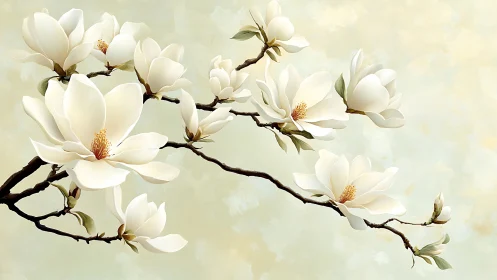 White Magnolia Flowers on Branches with Golden Stamens