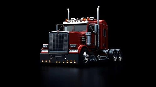Shiny Red Semi Truck in Dramatic Lighting, Modern Digital Art.