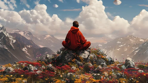 Solitary monk contemplates alien sky above vivid alpine meadow