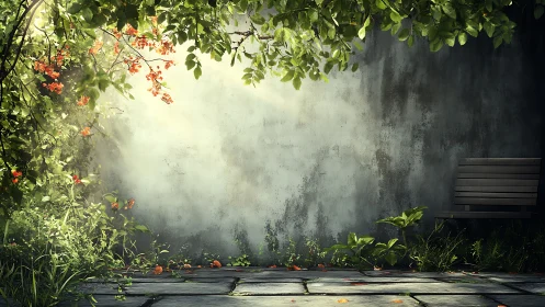 Garden bench stands beside weathered wall under foliage