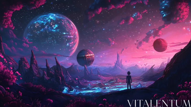 Chromatic alien valley with observer under tri-planetary sky.