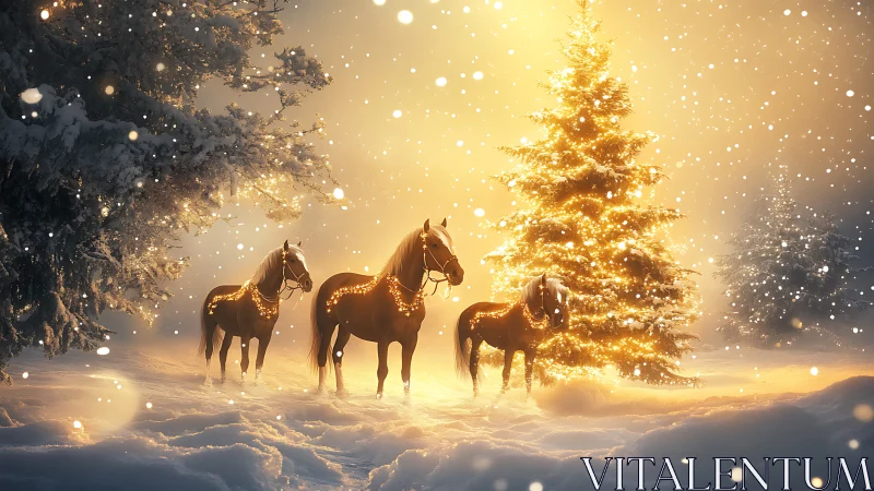 Horses with string lights near illuminated snow-covered tree.