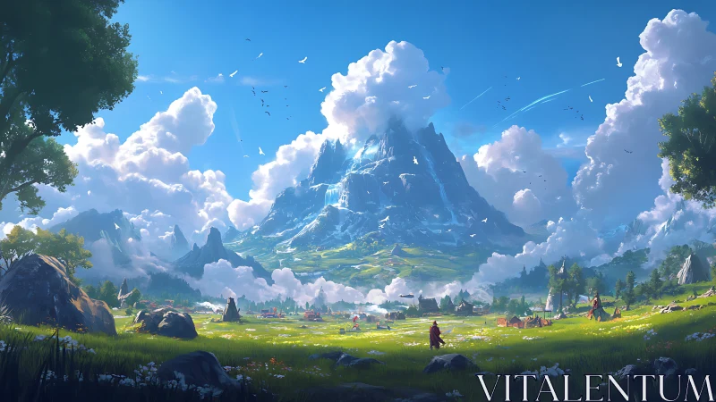 Sunlit valley village resting beneath a shimmering peak.