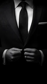 Sharp tailored suit in dramatic monochrome lighting.