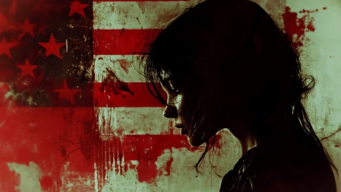 Silhouetted female profile against distressed red US flag.