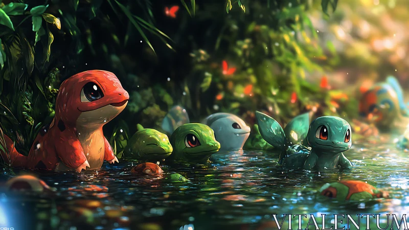 Digital painting woodland creatures in luminous forest pool.