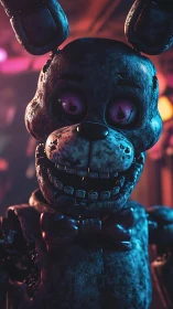 Glitch-eyed animatronic bunny grins under neon hauntlight.