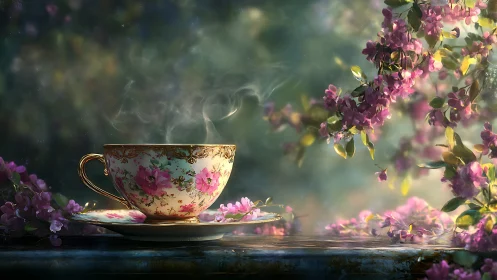 Steaming floral teacup among glowing spring blossoms.