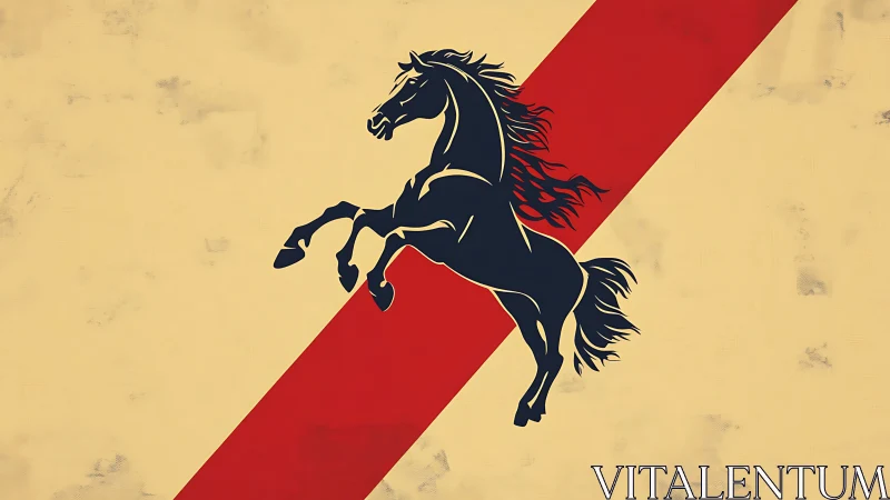 Stylized black horse leaping over bold red diagonal stripe.