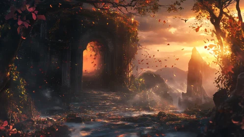 Sunlit ruin gateway crowns misty autumn canyon.