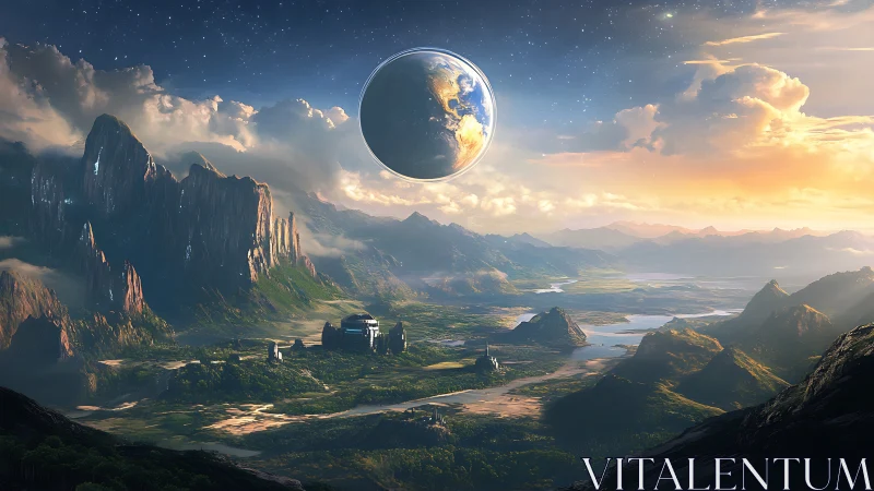 Orbital planet over mountainous alien valley under volumetric light