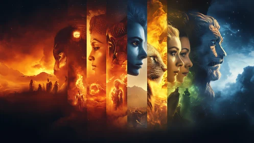 Elemental fantasy portraits align across a chromatic spectrum