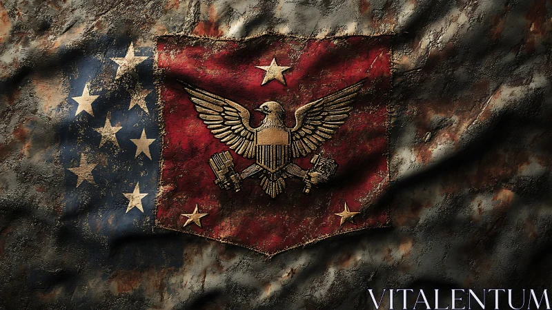 Weathered eagle emblem flag shows worn patriotic insignia