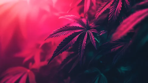 Glowing neon leaves basking in dreamy pink twilight light.