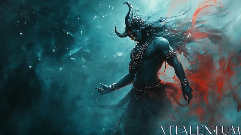 Horned humanoid entity in swirling teal and red mist.