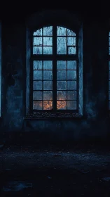 Cold derelict interior framing warm distant window fire