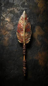 Gleaming metal leaf spear rests against a dark stone wall