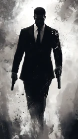Imposing gunman in tailored suit strides through smoke.