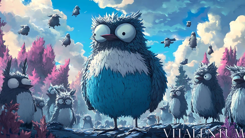 Surreal cartoon birds in vibrant forest, whimsical digital art style.