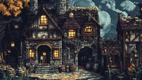 Medieval tavern fa&ccedil;ade under moonlit pixel art night.