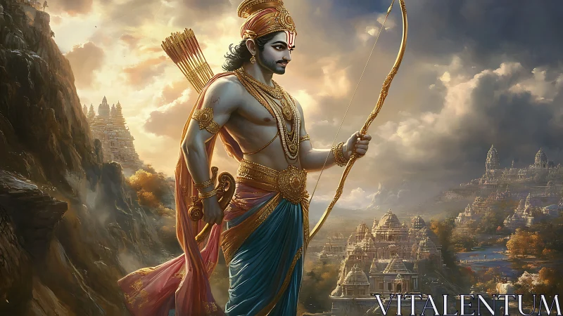 Heroic archer deity strides above mythic temple landscape