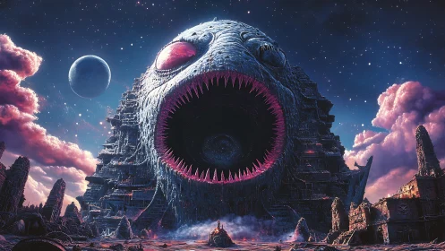 Colossal cosmic fish fortress devouring ruined alien world.