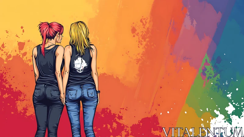 Two women holding hands against vibrant rainbow abstract background.