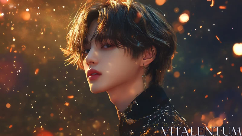 Backlit androgynous portrait amid dynamic bokeh ember field